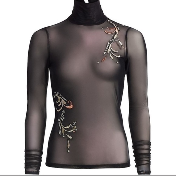 NEW Cinq a Sept Mesh Sheer Black Embroidered Top Turtleneck - Size S - Picture 5 of 11